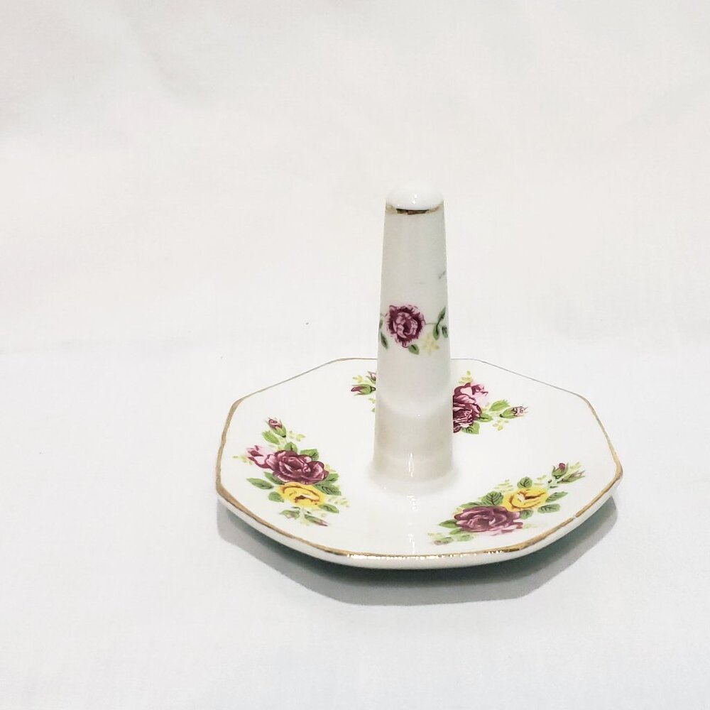 Ring Holder Jewelry Pink Yellow Roses Porcelain 3" Vintage Floral J.B.